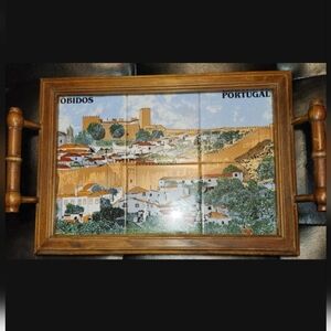 Vintage Wooden Serving Tray with Six Tile Panels Featuring Landscape Scene